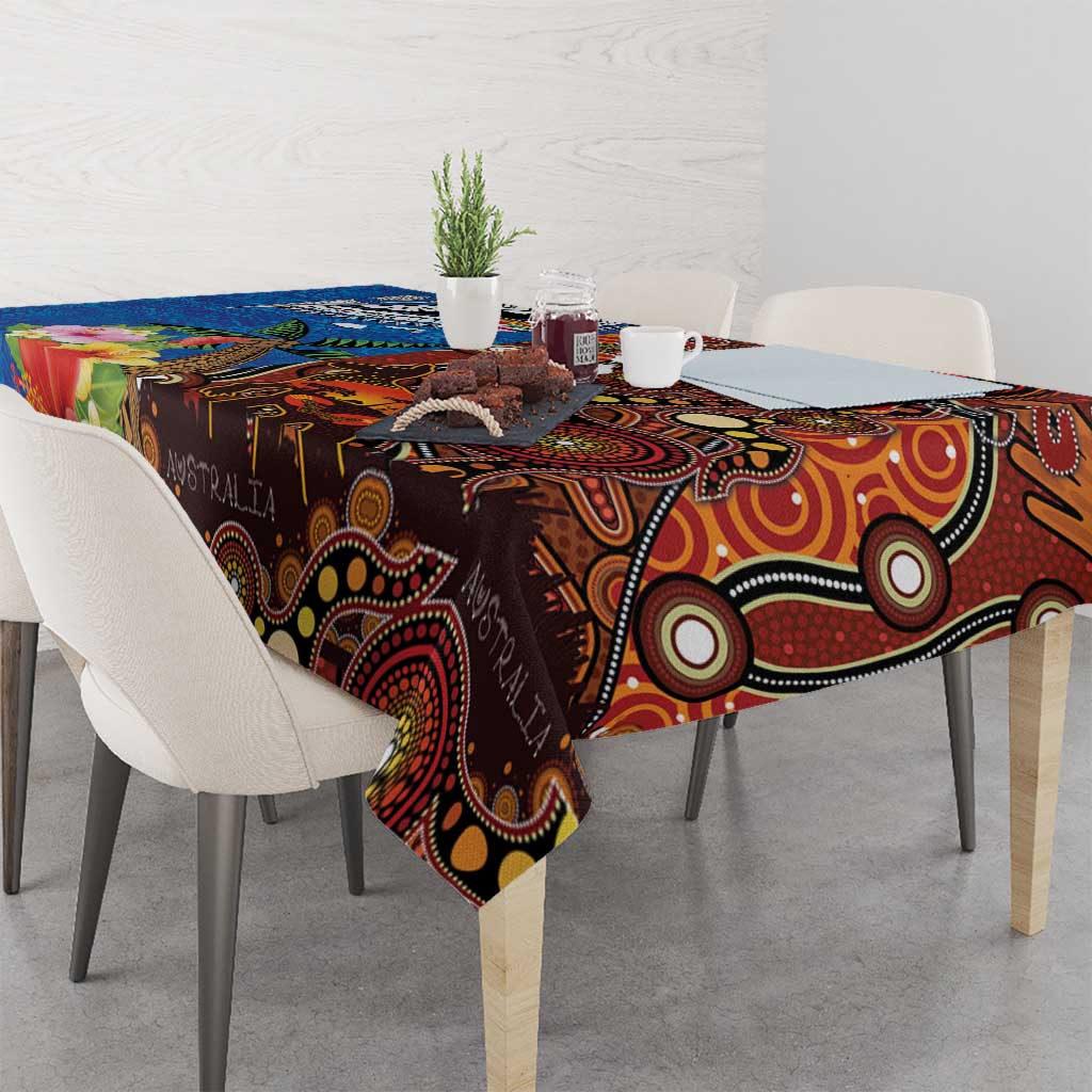 Fiji and Australia Together Tablecloth Fijian Tapa Plants with Kangaroo and Aboriginal - Aussie Hoodie