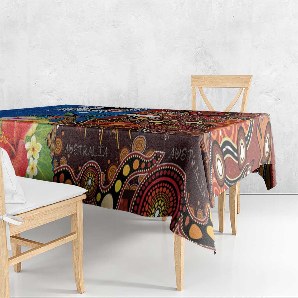 Fiji and Australia Together Tablecloth Fijian Tapa Plants with Kangaroo and Aboriginal - Aussie Hoodie