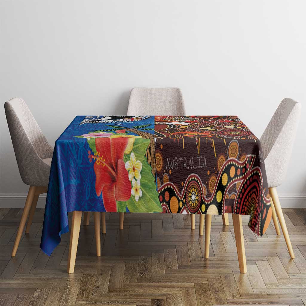 Fiji and Australia Together Tablecloth Fijian Tapa Plants with Kangaroo and Aboriginal - Aussie Hoodie
