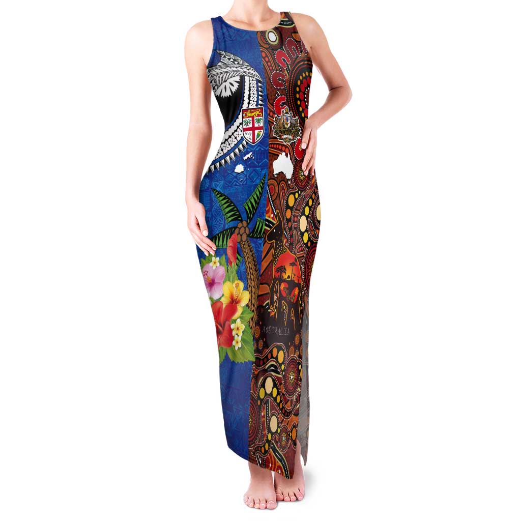 Fiji and Australia Together Tank Maxi Dress Fijian Tapa Plants with Kangaroo and Aboriginal - Aussie Hoodie