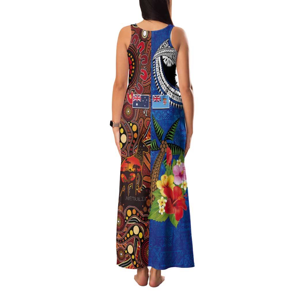 Fiji and Australia Together Tank Maxi Dress Fijian Tapa Plants with Kangaroo and Aboriginal - Aussie Hoodie