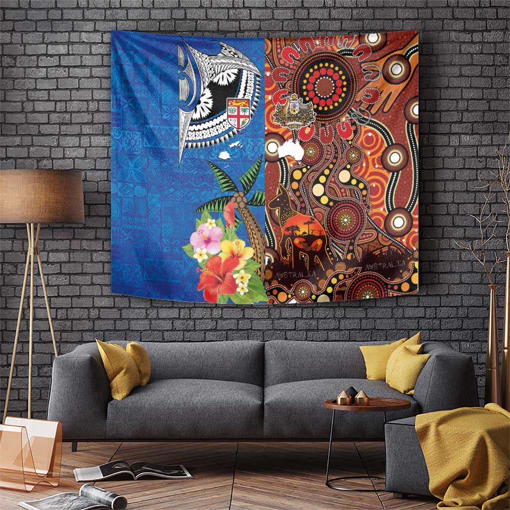 Fiji and Australia Together Tapestry Fijian Tapa Plants with Kangaroo and Aboriginal - Aussie Hoodie
