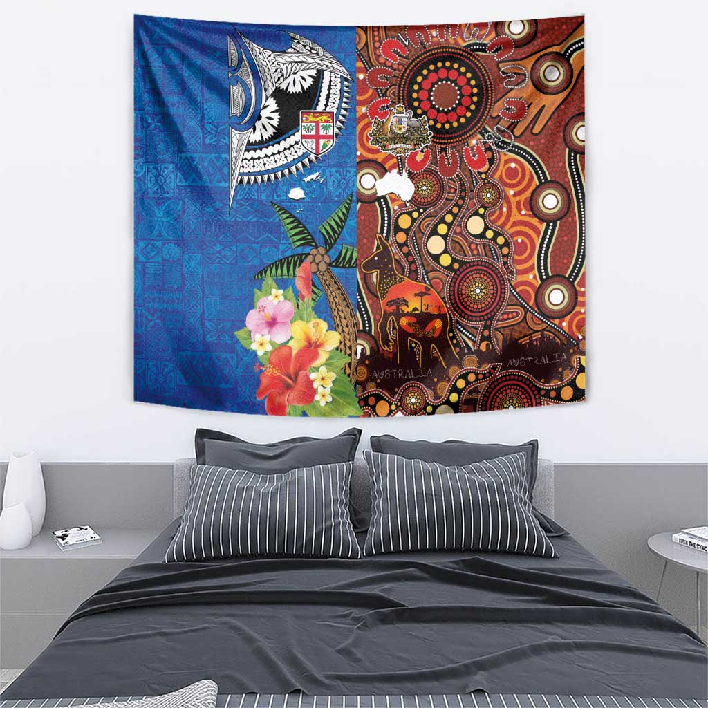 Fiji and Australia Together Tapestry Fijian Tapa Plants with Kangaroo and Aboriginal - Aussie Hoodie