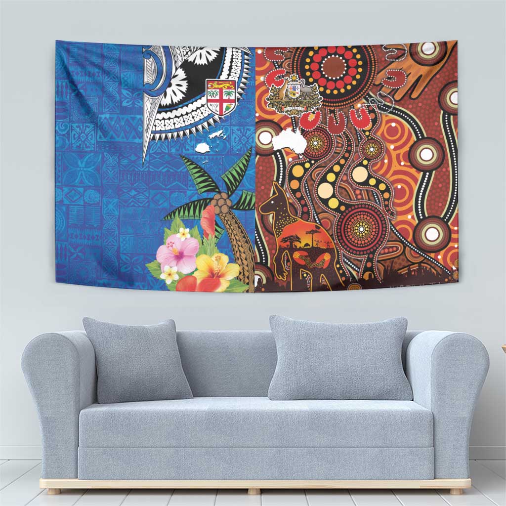 Fiji and Australia Together Tapestry Fijian Tapa Plants with Kangaroo and Aboriginal - Aussie Hoodie