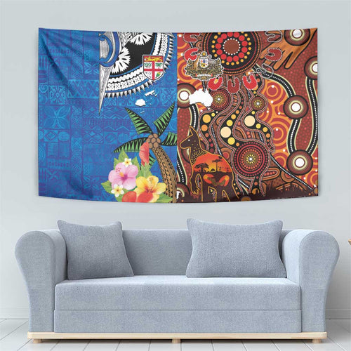 Fiji and Australia Together Tapestry Fijian Tapa Plants with Kangaroo and Aboriginal - Aussie Hoodie