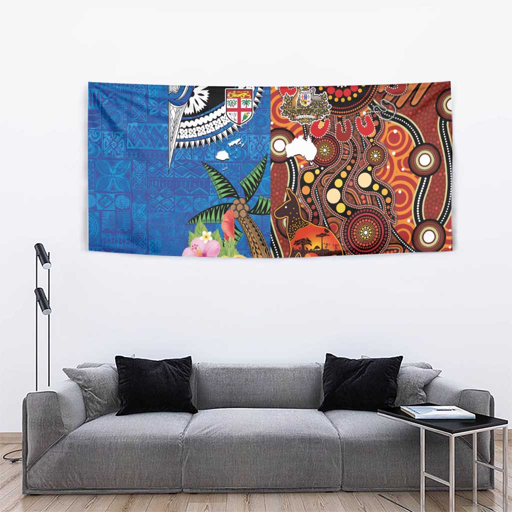 Fiji and Australia Together Tapestry Fijian Tapa Plants with Kangaroo and Aboriginal - Aussie Hoodie