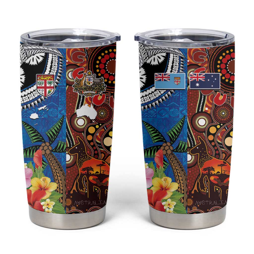 Fiji and Australia Together Tumbler Cup Fijian Tapa Plants with Kangaroo and Aboriginal - Aussie Hoodie