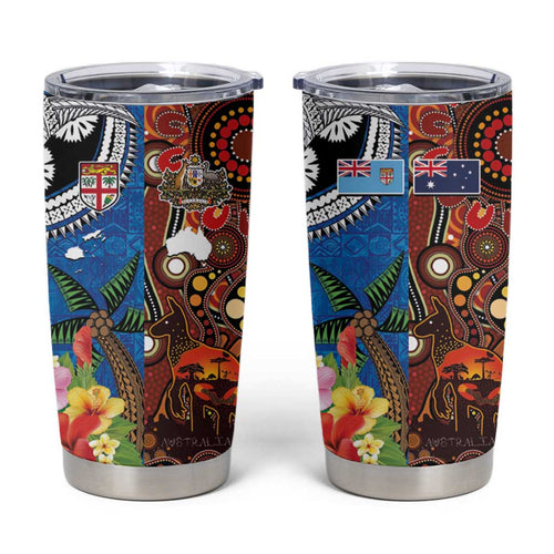 Fiji and Australia Together Tumbler Cup Fijian Tapa Plants with Kangaroo and Aboriginal - Aussie Hoodie