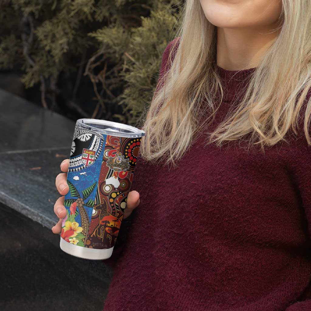 Fiji and Australia Together Tumbler Cup Fijian Tapa Plants with Kangaroo and Aboriginal - Aussie Hoodie