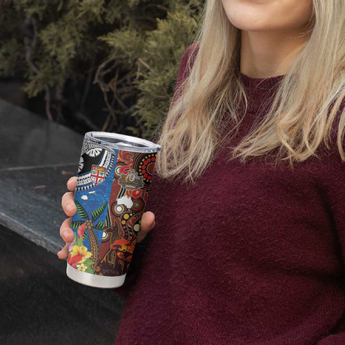 Fiji and Australia Together Tumbler Cup Fijian Tapa Plants with Kangaroo and Aboriginal - Aussie Hoodie