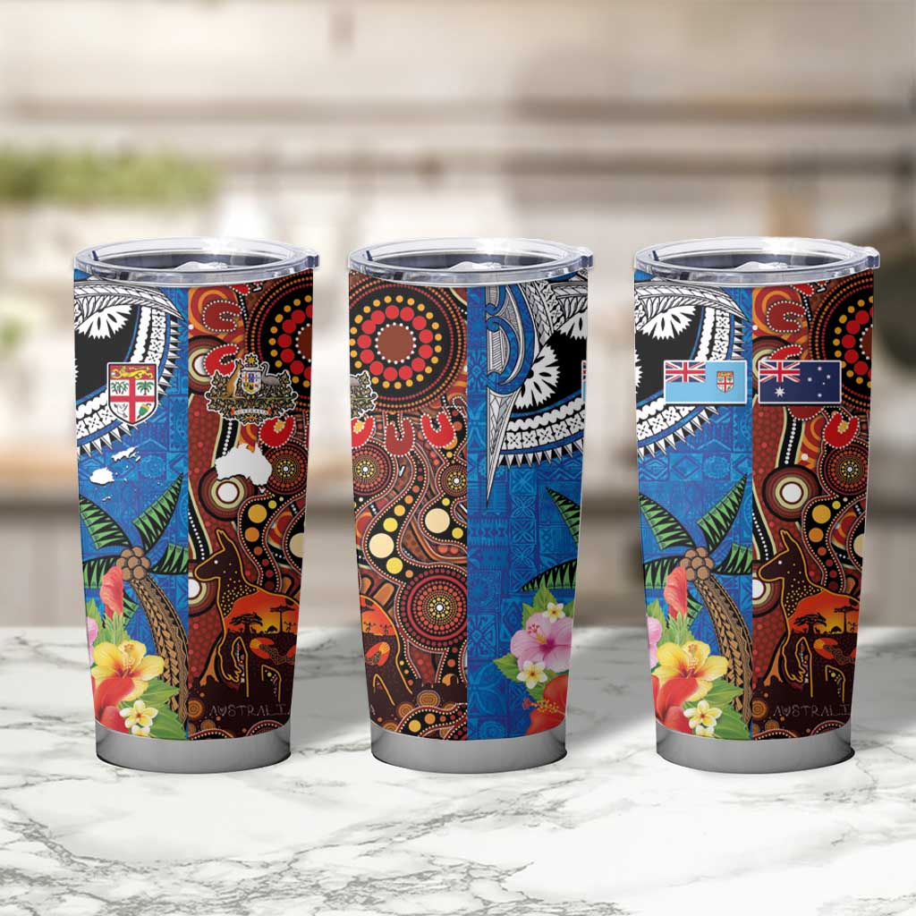 Fiji and Australia Together Tumbler Cup Fijian Tapa Plants with Kangaroo and Aboriginal - Aussie Hoodie