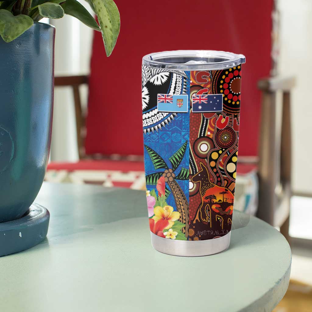 Fiji and Australia Together Tumbler Cup Fijian Tapa Plants with Kangaroo and Aboriginal - Aussie Hoodie