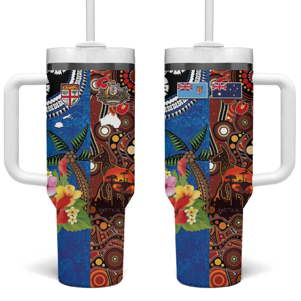 Fiji and Australia Together Tumbler With Handle Fijian Tapa Plants with Kangaroo and Aboriginal - Aussie Hoodie
