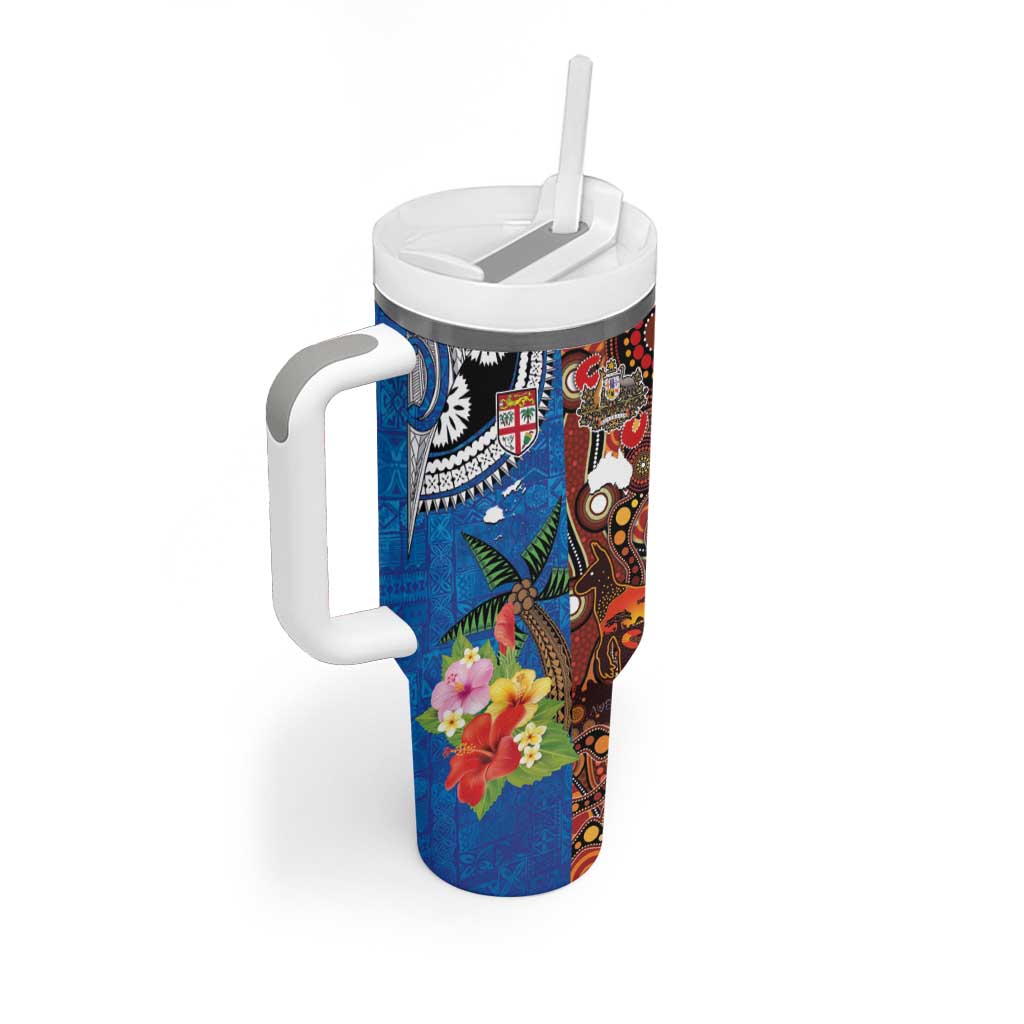 Fiji and Australia Together Tumbler With Handle Fijian Tapa Plants with Kangaroo and Aboriginal - Aussie Hoodie