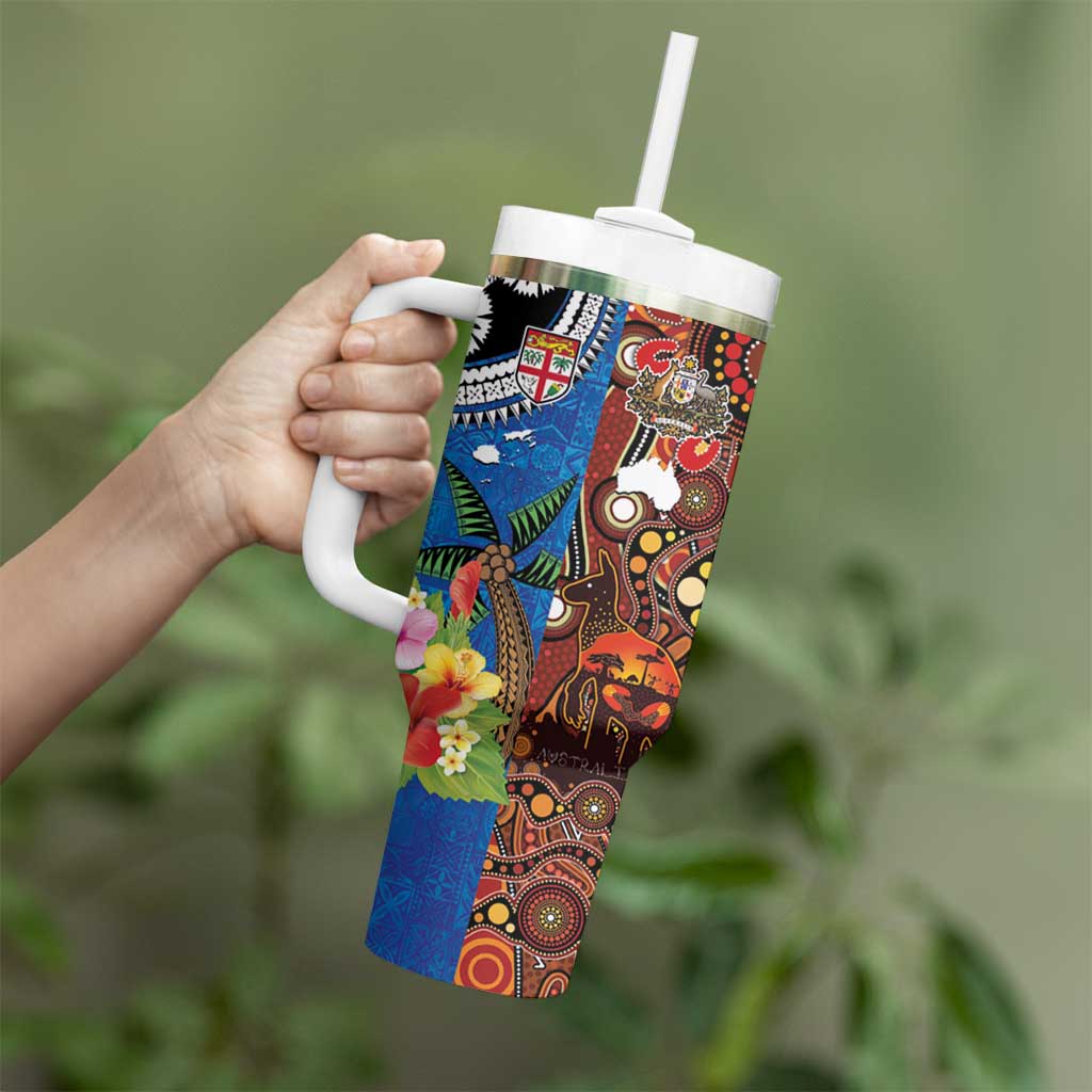 Fiji and Australia Together Tumbler With Handle Fijian Tapa Plants with Kangaroo and Aboriginal - Aussie Hoodie