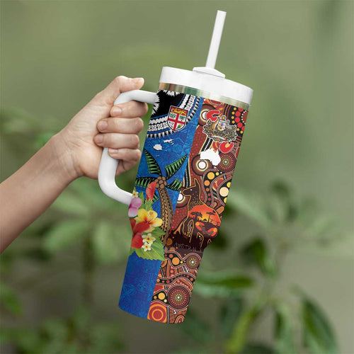 Fiji and Australia Together Tumbler With Handle Fijian Tapa Plants with Kangaroo and Aboriginal - Aussie Hoodie