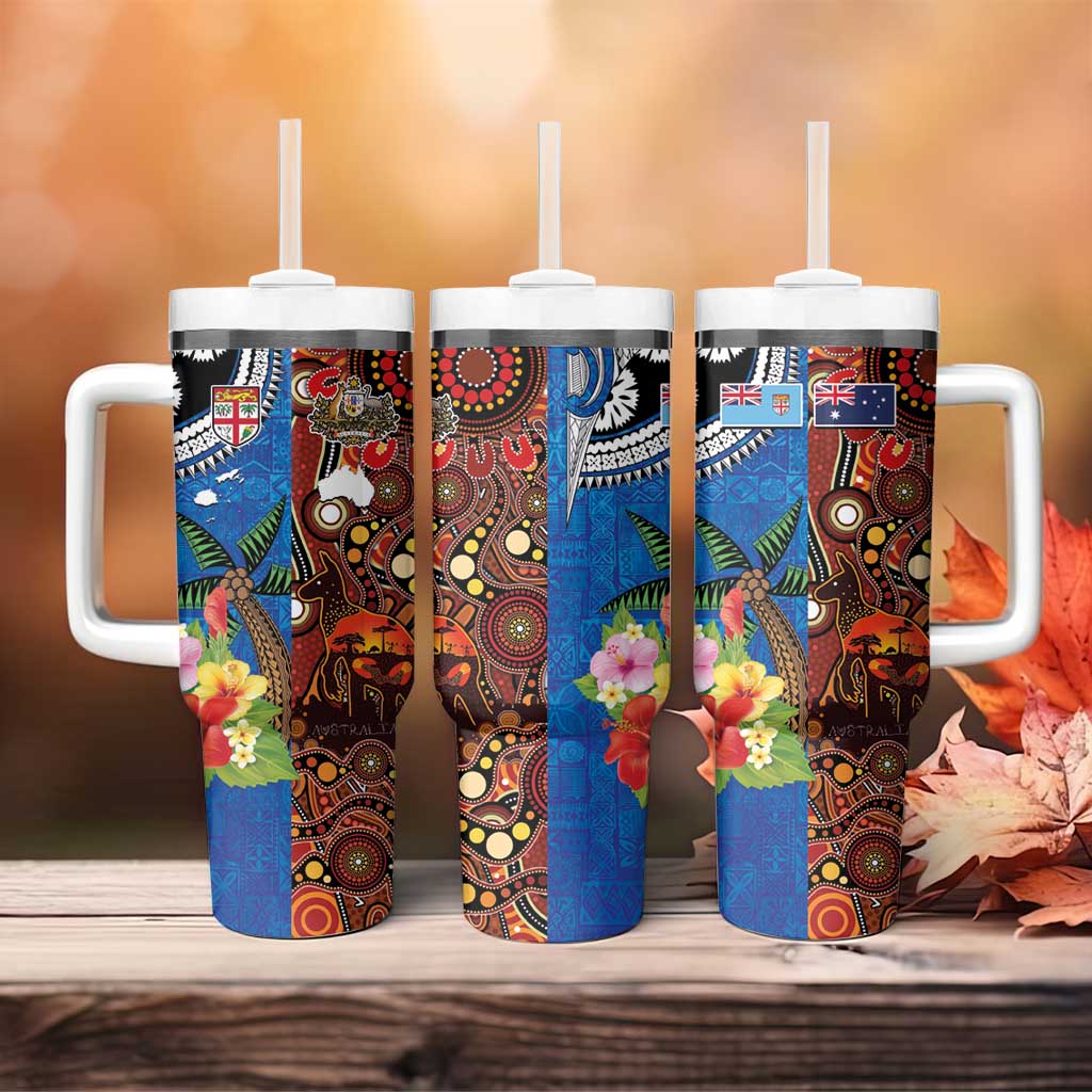 Fiji and Australia Together Tumbler With Handle Fijian Tapa Plants with Kangaroo and Aboriginal - Aussie Hoodie