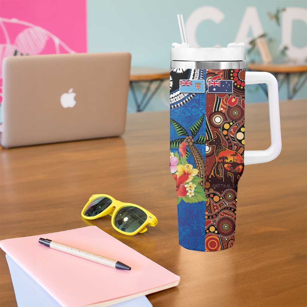 Fiji and Australia Together Tumbler With Handle Fijian Tapa Plants with Kangaroo and Aboriginal - Aussie Hoodie