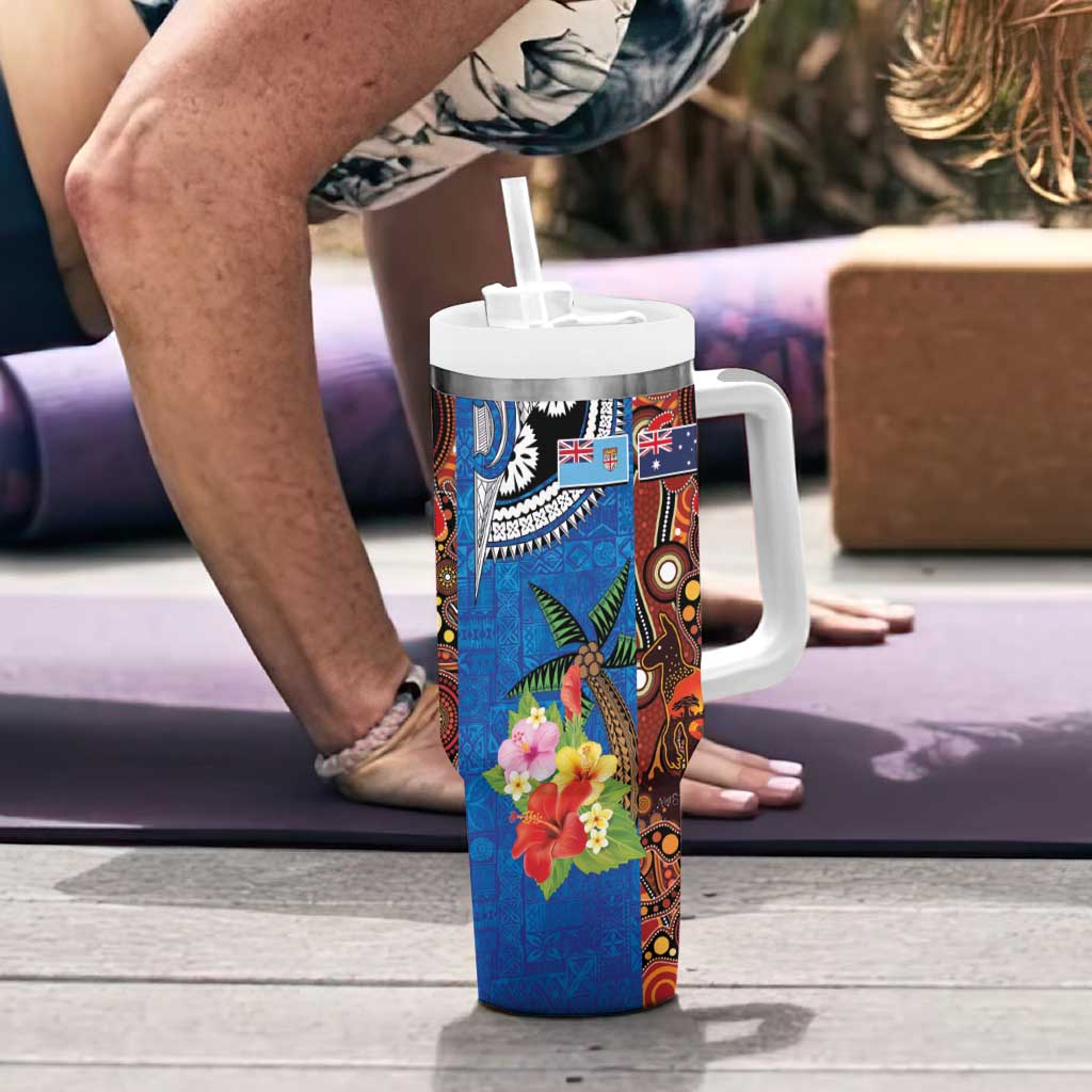 Fiji and Australia Together Tumbler With Handle Fijian Tapa Plants with Kangaroo and Aboriginal - Aussie Hoodie