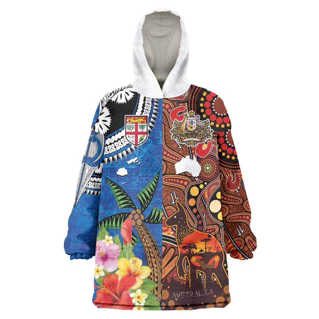 Fiji and Australia Together Wearable Blanket Hoodie Fijian Tapa Plants with Kangaroo and Aboriginal - Aussie Hoodie