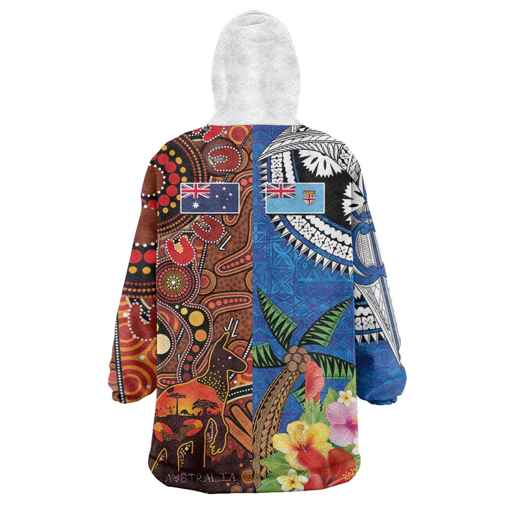 Fiji and Australia Together Wearable Blanket Hoodie Fijian Tapa Plants with Kangaroo and Aboriginal - Aussie Hoodie