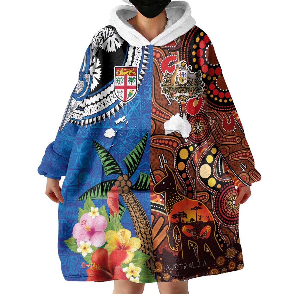 Fiji and Australia Together Wearable Blanket Hoodie Fijian Tapa Plants with Kangaroo and Aboriginal - Aussie Hoodie