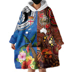 Fiji and Australia Together Wearable Blanket Hoodie Fijian Tapa Plants with Kangaroo and Aboriginal - Aussie Hoodie