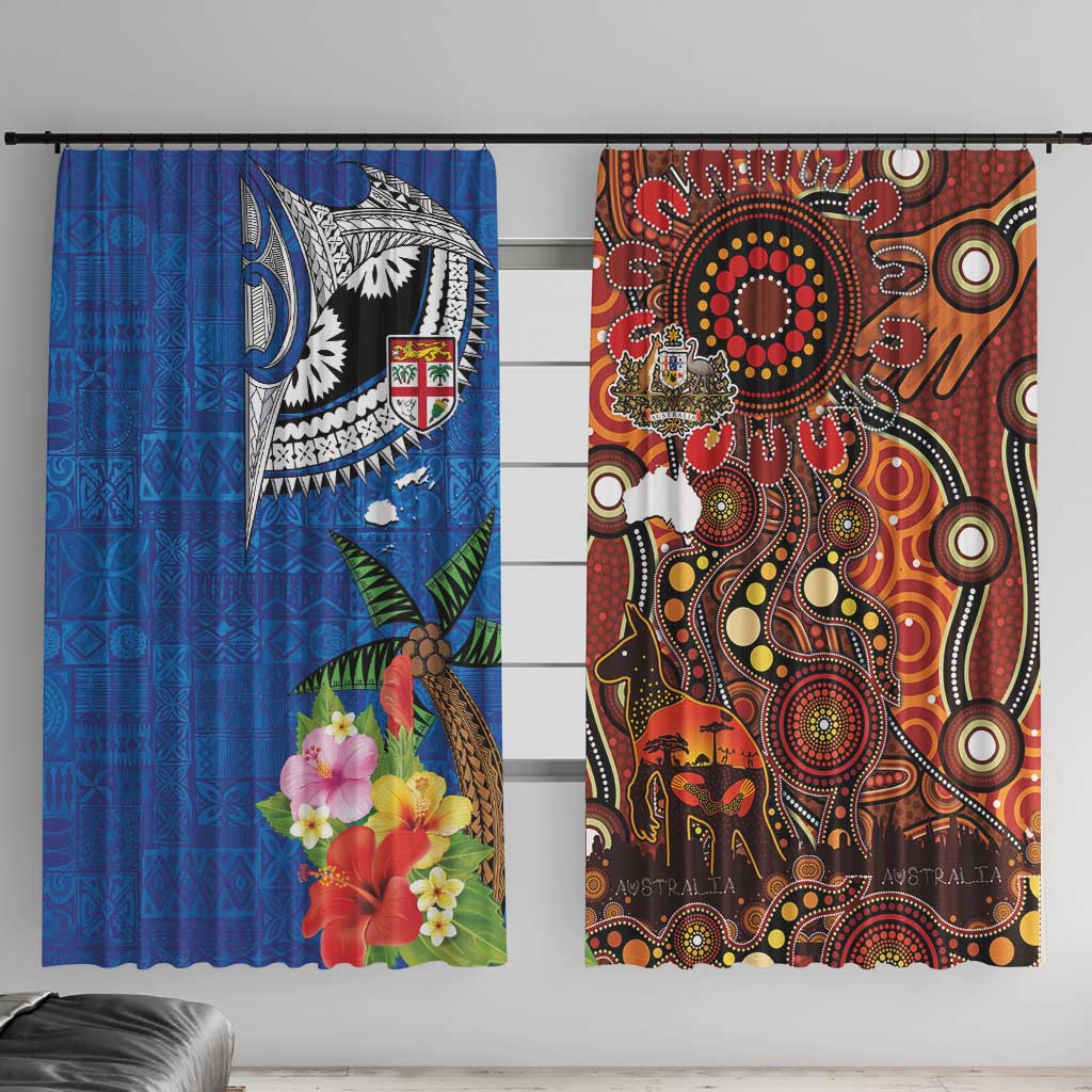 Fiji and Australia Together Window Curtain Fijian Tapa Plants with Kangaroo and Aboriginal - Aussie Hoodie