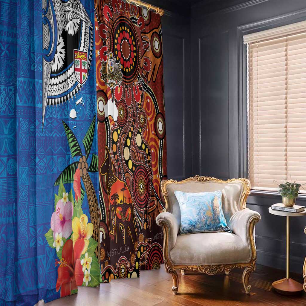 Fiji and Australia Together Window Curtain Fijian Tapa Plants with Kangaroo and Aboriginal - Aussie Hoodie