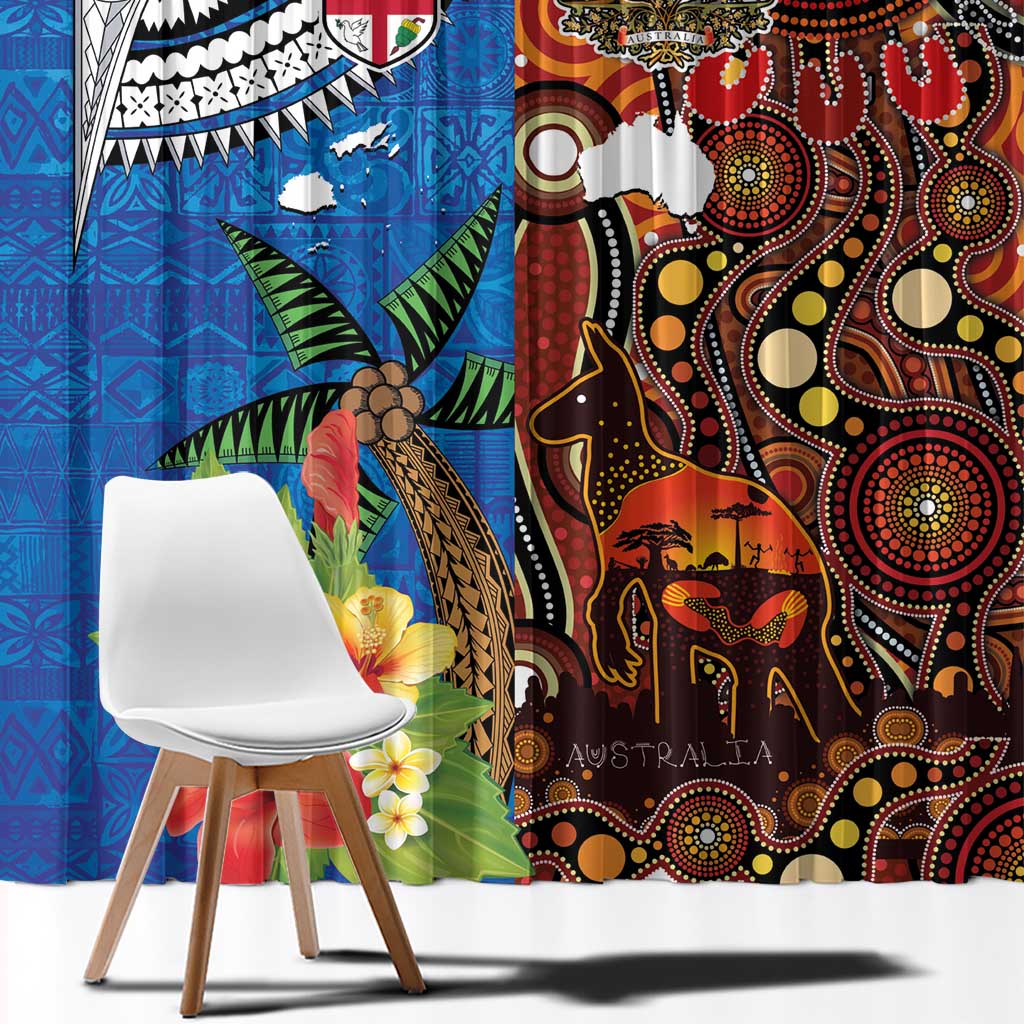 Fiji and Australia Together Window Curtain Fijian Tapa Plants with Kangaroo and Aboriginal - Aussie Hoodie