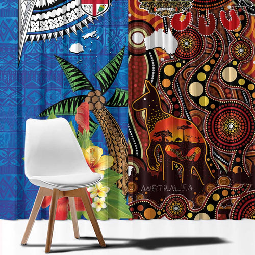 Fiji and Australia Together Window Curtain Fijian Tapa Plants with Kangaroo and Aboriginal - Aussie Hoodie