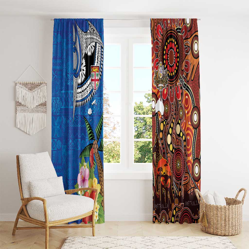 Fiji and Australia Together Window Curtain Fijian Tapa Plants with Kangaroo and Aboriginal - Aussie Hoodie