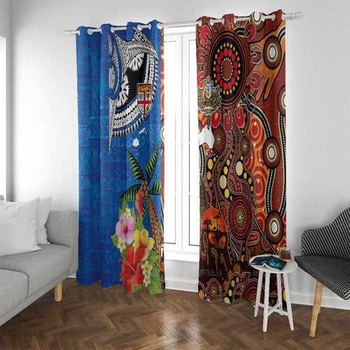 Fiji and Australia Together Window Curtain Fijian Tapa Plants with Kangaroo and Aboriginal - Aussie Hoodie