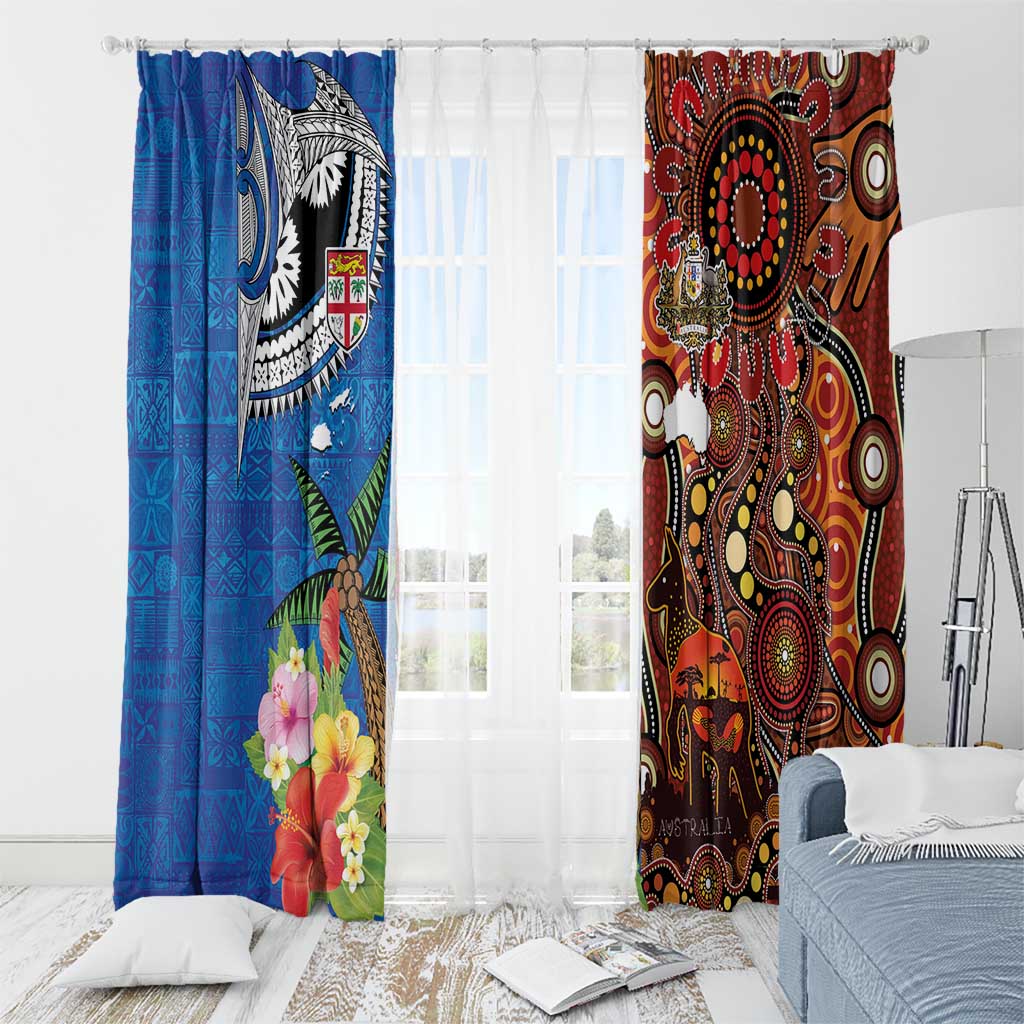Fiji and Australia Together Window Curtain Fijian Tapa Plants with Kangaroo and Aboriginal - Aussie Hoodie