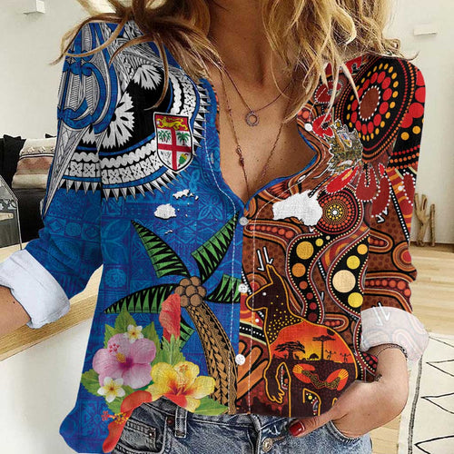 Fiji and Australia Together Women Casual Shirt Fijian Tapa Plants with Kangaroo and Aboriginal - Aussie Hoodie