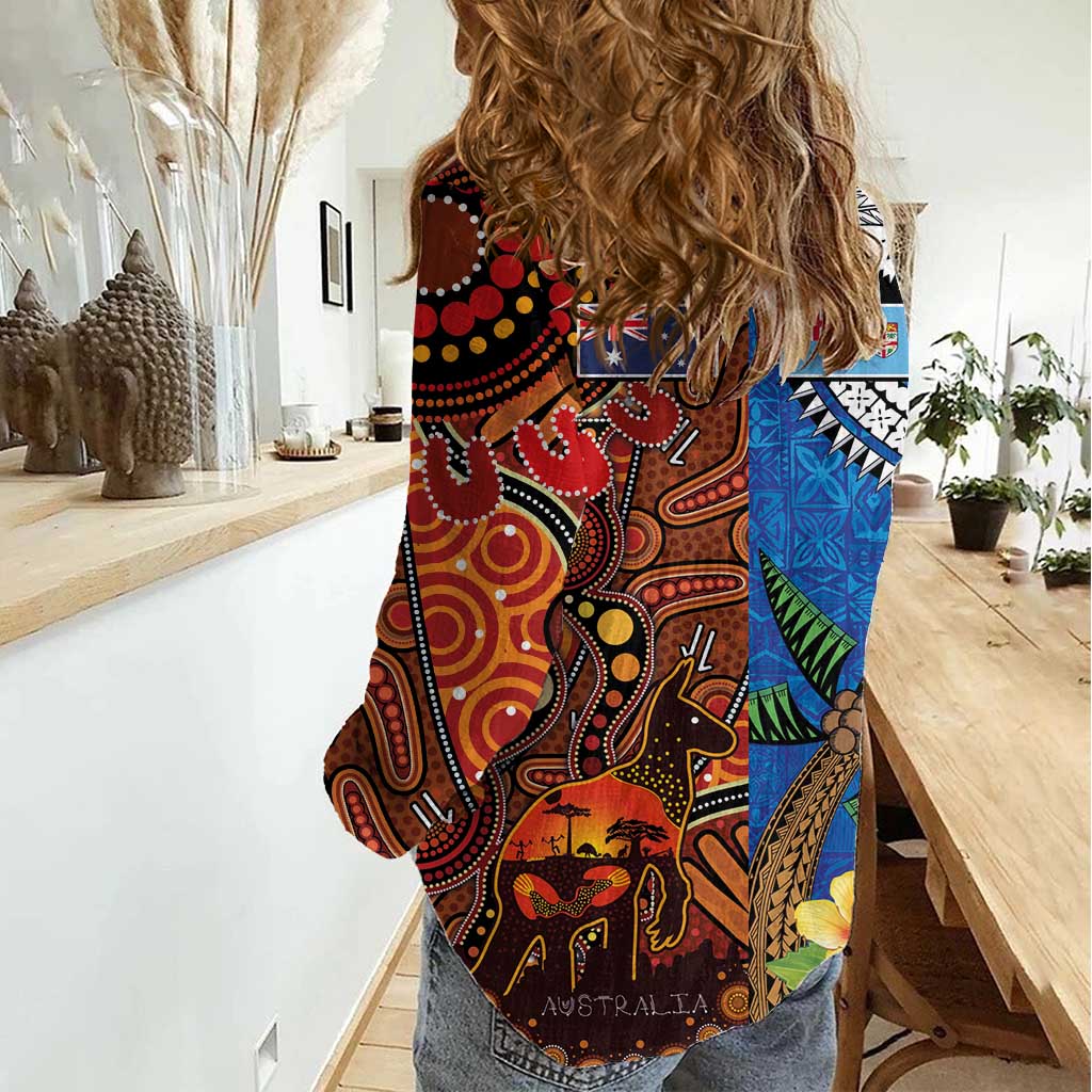 Fiji and Australia Together Women Casual Shirt Fijian Tapa Plants with Kangaroo and Aboriginal - Aussie Hoodie