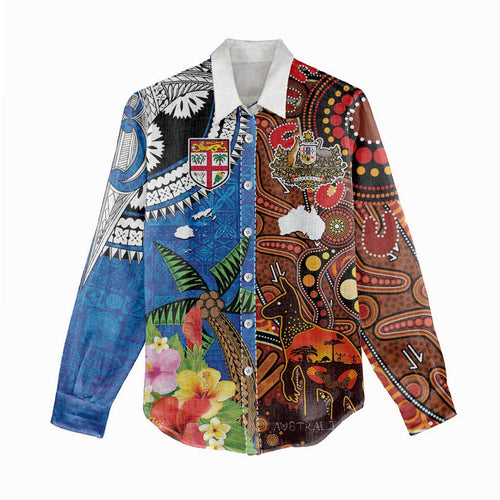 Fiji and Australia Together Women Casual Shirt Fijian Tapa Plants with Kangaroo and Aboriginal - Aussie Hoodie