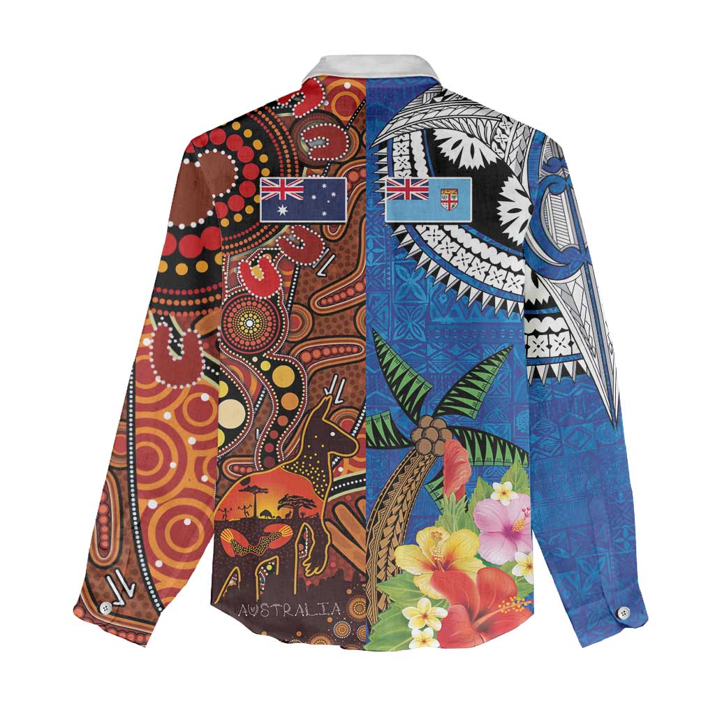Fiji and Australia Together Women Casual Shirt Fijian Tapa Plants with Kangaroo and Aboriginal - Aussie Hoodie