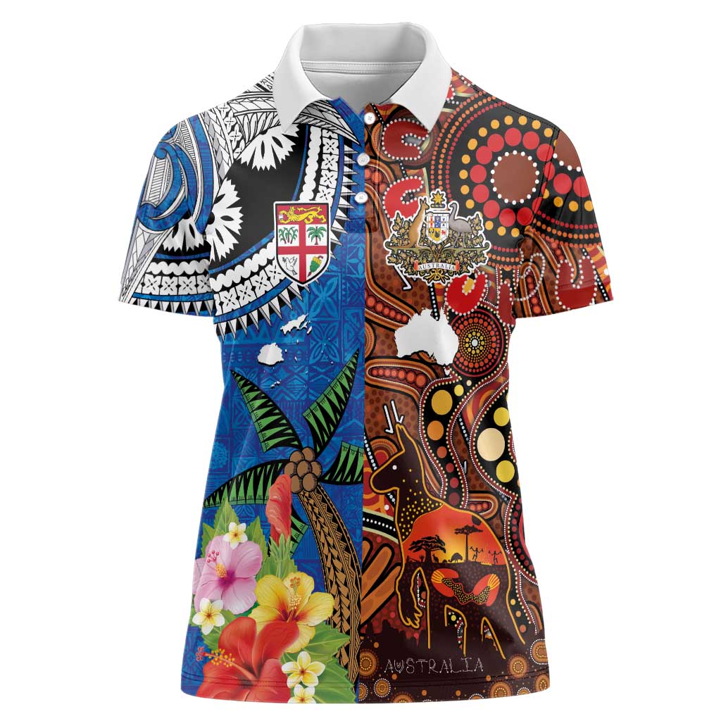 Fiji and Australia Together Women Polo Shirt Fijian Tapa Plants with Kangaroo and Aboriginal - Aussie Hoodie