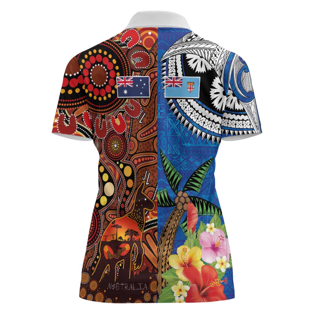 Fiji and Australia Together Women Polo Shirt Fijian Tapa Plants with Kangaroo and Aboriginal - Aussie Hoodie