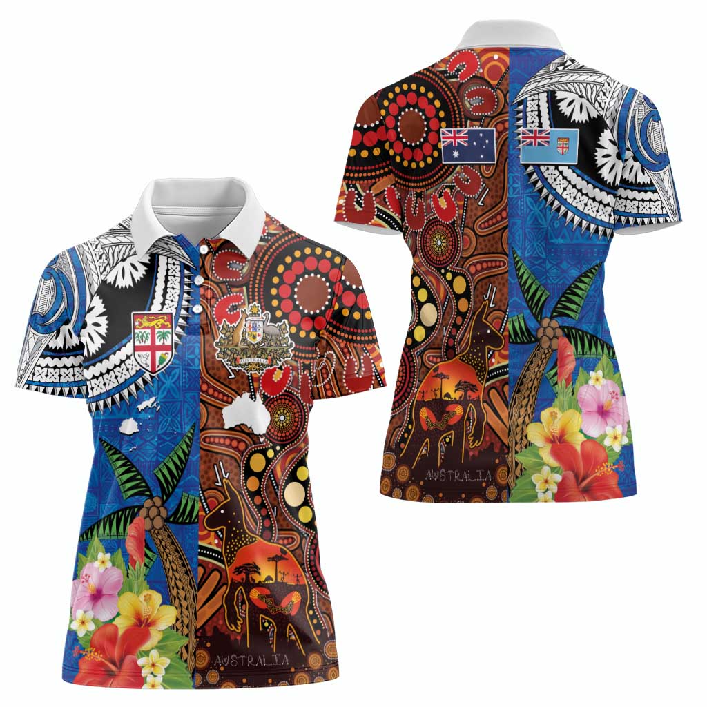 Fiji and Australia Together Women Polo Shirt Fijian Tapa Plants with Kangaroo and Aboriginal - Aussie Hoodie