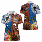 Fiji and Australia Together Women Polo Shirt Fijian Tapa Plants with Kangaroo and Aboriginal - Aussie Hoodie