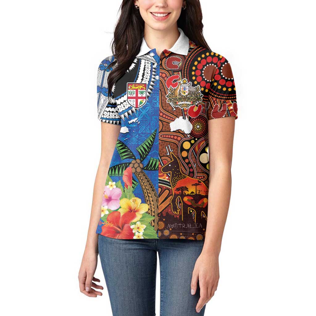 Fiji and Australia Together Women Polo Shirt Fijian Tapa Plants with Kangaroo and Aboriginal - Aussie Hoodie