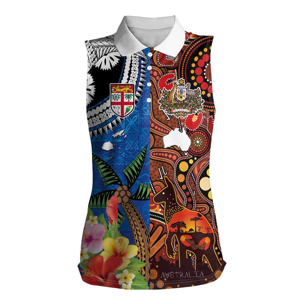 Fiji and Australia Together Women Sleeveless Polo Shirt Fijian Tapa Plants with Kangaroo and Aboriginal - Aussie Hoodie