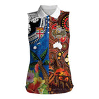 Fiji and Australia Together Women Sleeveless Polo Shirt Fijian Tapa Plants with Kangaroo and Aboriginal - Aussie Hoodie
