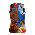 Fiji and Australia Together Women Sleeveless Polo Shirt Fijian Tapa Plants with Kangaroo and Aboriginal - Aussie Hoodie