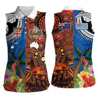 Fiji and Australia Together Women Sleeveless Polo Shirt Fijian Tapa Plants with Kangaroo and Aboriginal - Aussie Hoodie