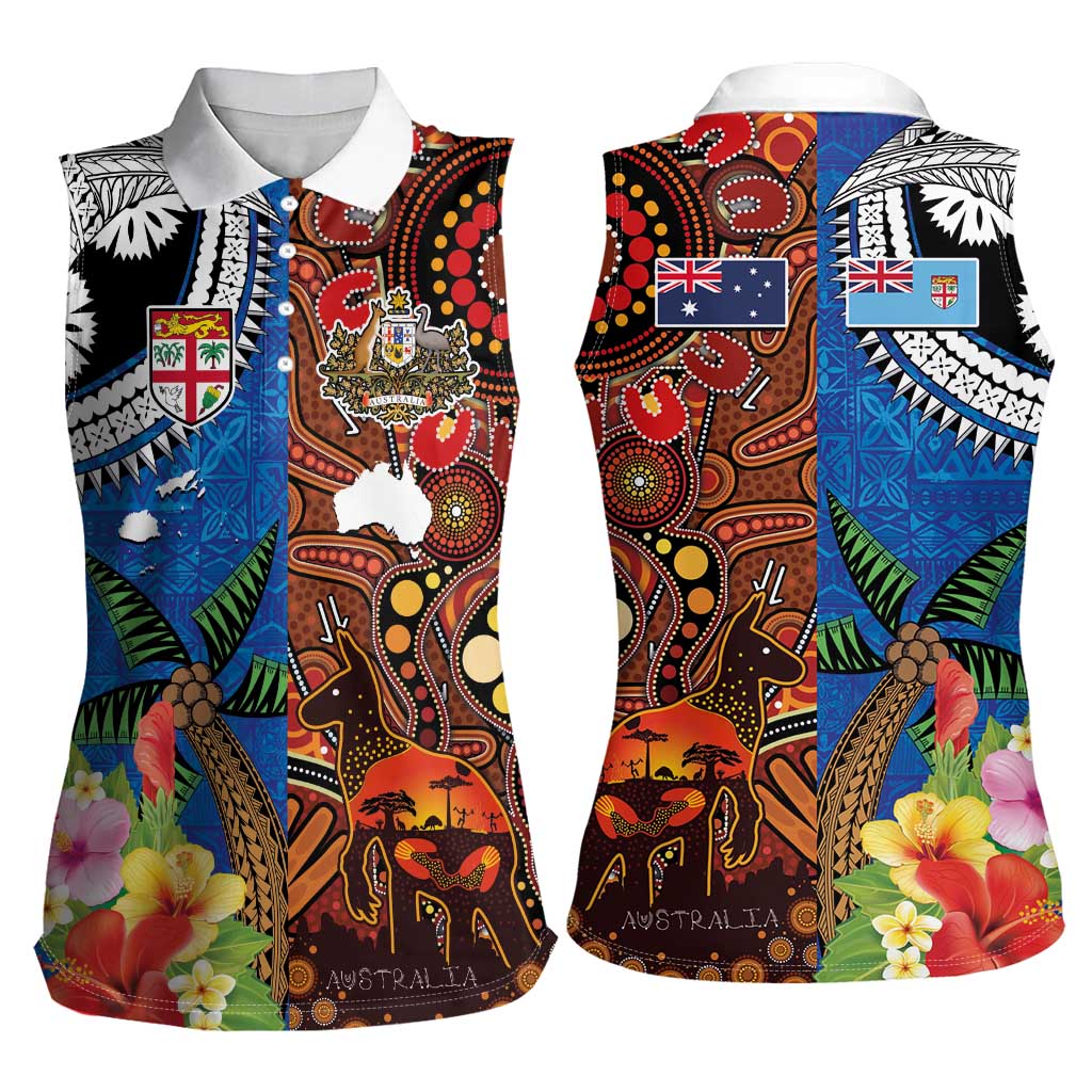 Fiji and Australia Together Women Sleeveless Polo Shirt Fijian Tapa Plants with Kangaroo and Aboriginal - Aussie Hoodie