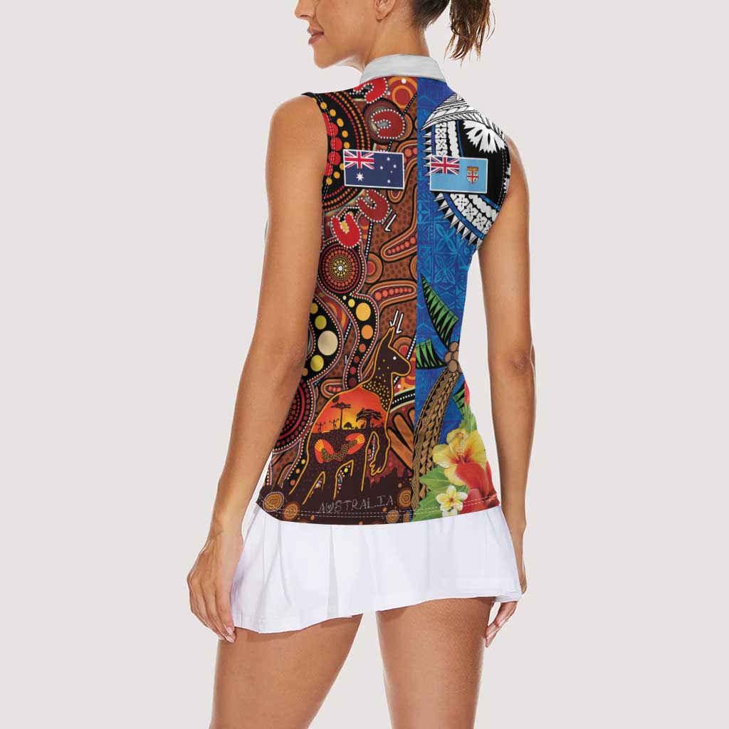 Fiji and Australia Together Women Sleeveless Polo Shirt Fijian Tapa Plants with Kangaroo and Aboriginal - Aussie Hoodie