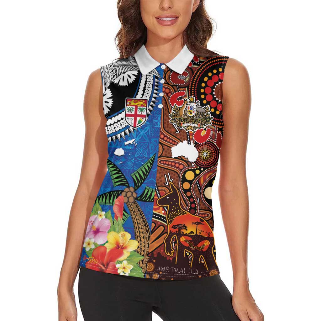 Fiji and Australia Together Women Sleeveless Polo Shirt Fijian Tapa Plants with Kangaroo and Aboriginal - Aussie Hoodie